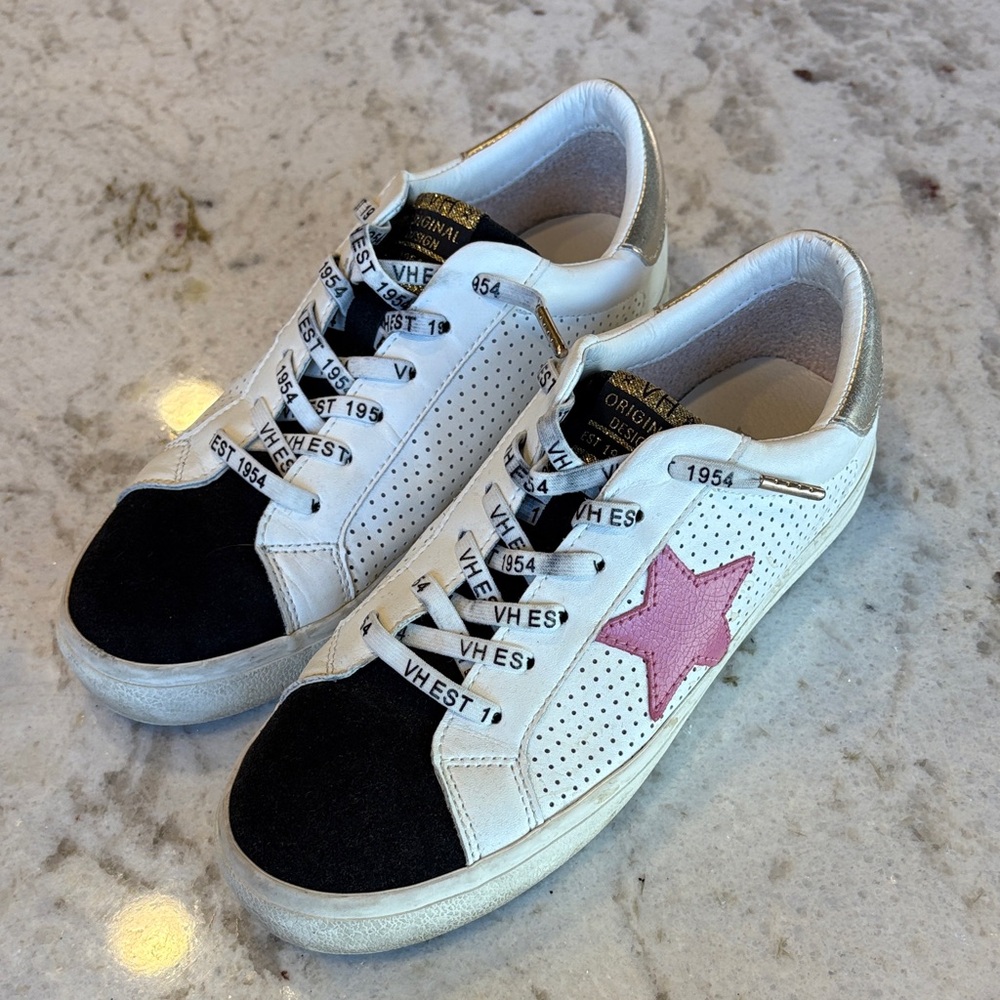 Vintage Havana White and Black Sneakers with Pink Star and Gold Accents